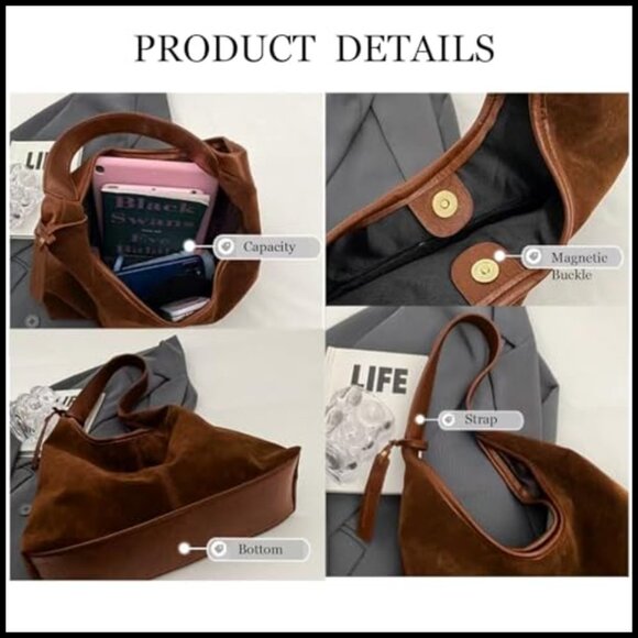 Slouchy Hobo Tote Bag Faux Suede Minimalist Chic Casual Shoulder Purse - Picture 4 of 7